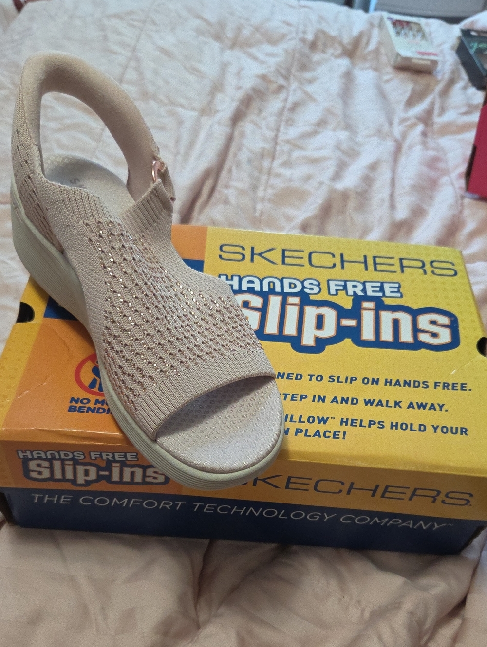 Skechers Women’s Knit Wedge Sandal in Blush Pink with Sparkle